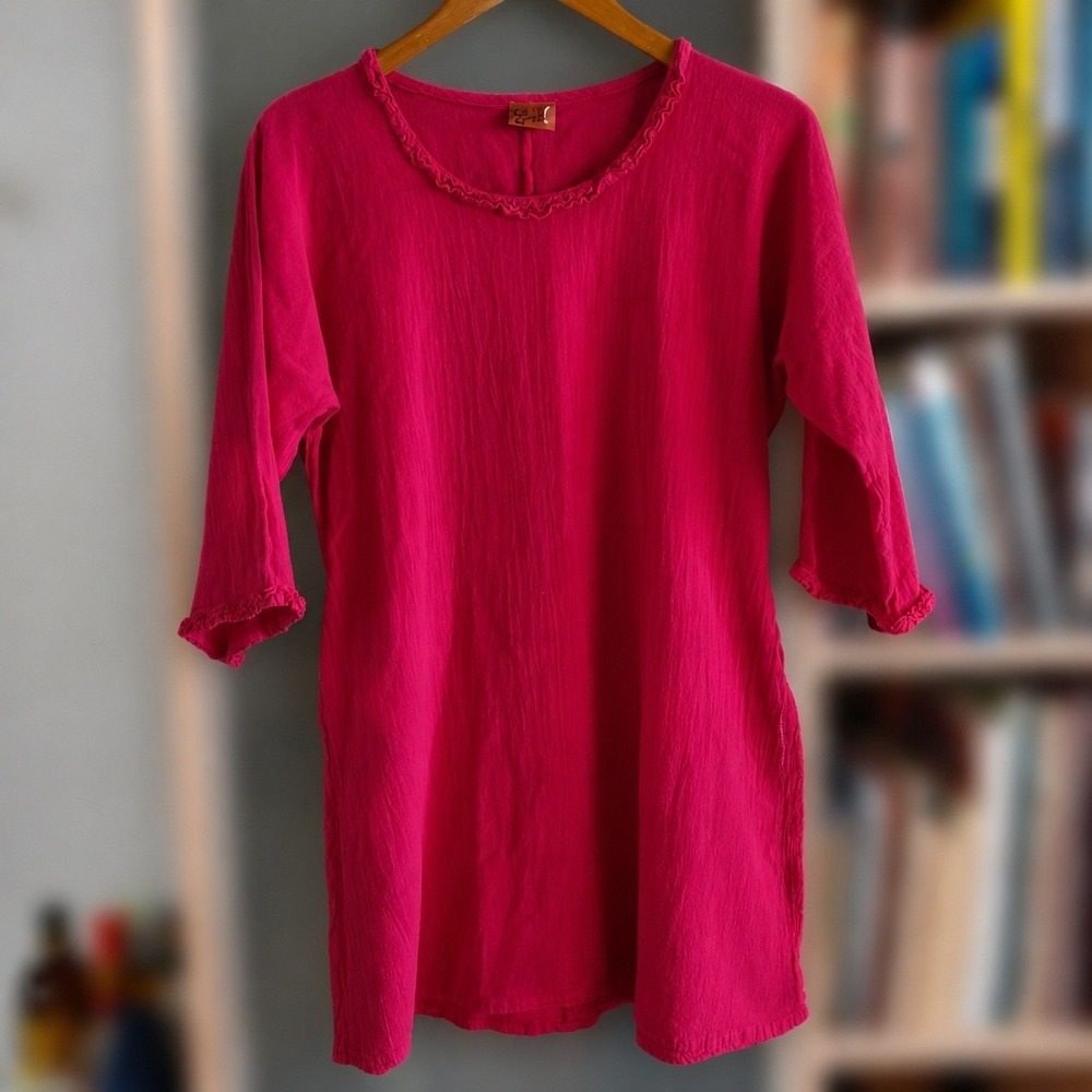 Oh My Gauze Women Raspberry Pink Cotton Gauze Tunic Lettuce Edge Top Size 1 S